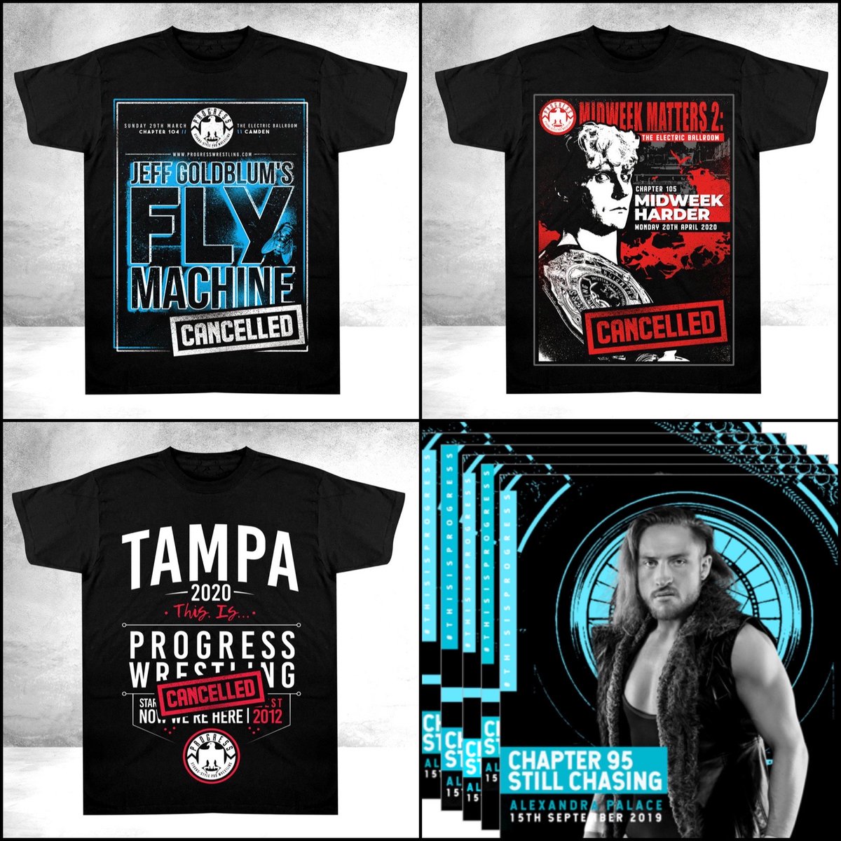 ThisIs_Progress's tweet image. LAST CHANCE!
➡️ 10% off all remaining #CancelledCollection shirts - profits split between us, our freelancers, and wrestlers who lost out on bookings. 
➡️ 50% off #Chapter95 match-up postcards. 
progresswrestling.com/collections/cl… 
#ThisIsPROGRESS