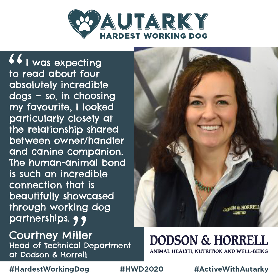 AutarkyDog's tweet photo. It's time to meet the third expert judge to decide the UK's #HardestWorkingDog - Courtney Miller from @DodsonHorrell โญ Courtney says: "The human-animal bond is such an incredible connection that is beautifully showcased through working partnerships." #HWD2020 #ActiveWithAutarky https://t.co/24FBje0gZE