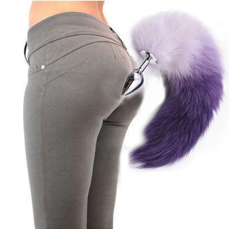 14" White with Purple Fox Tail Stainless Steel Middle Size Anal Plug (...