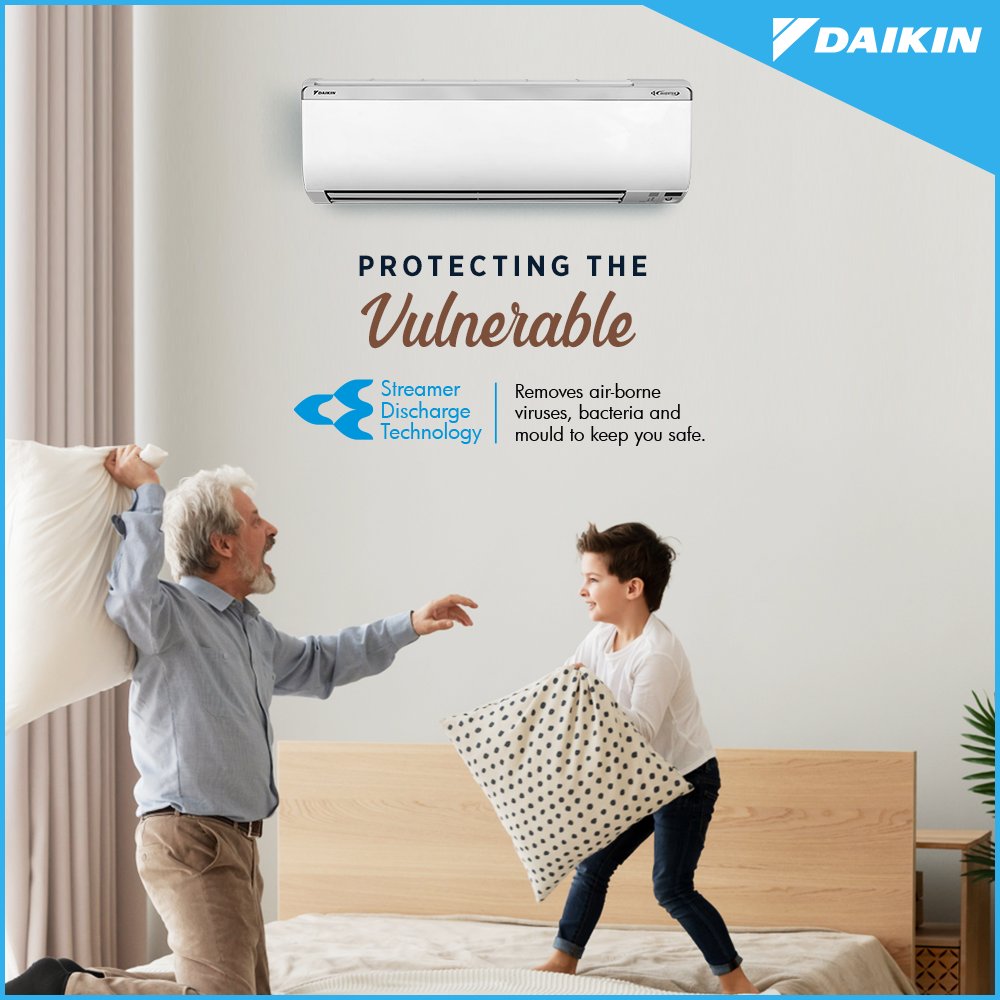 DaikinIndia's tweet photo. It's time to keep everybody safe, especially the ones in certain age brackets. Switch to a Daikin #JTKJ which streams cool air while eliminating airborne viruses &amp; bacteria. 
Check it out:https://t.co/rYWi5AvOhB
#InnovatingGoodness #StaySafe #StreamerDischarge #IndiaFightsCovid19 https://t.co/ZIkMfnobm3