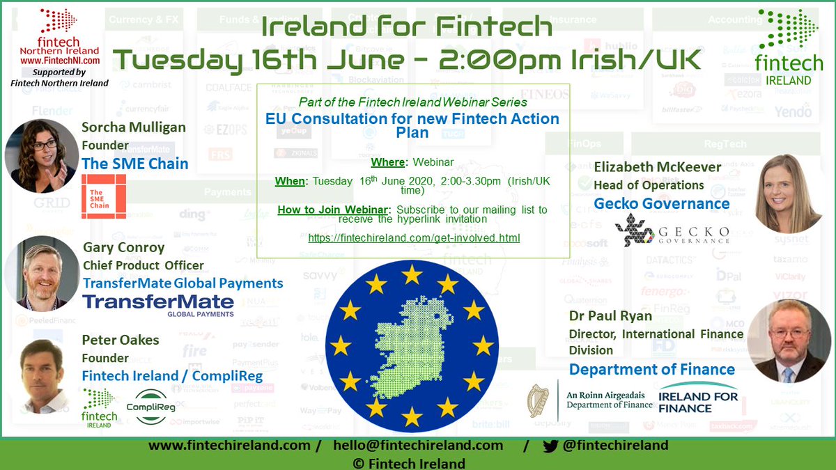 NIFintech's tweet photo. Given the importance of Ireland and the EU to Northern Irish #fintech we are very happy to support this Tuesday's Webinar on "Ireland for Fintech &amp; EU Action Plan" event by @fintechireland.

https://t.co/cotxJnbxgp

[Have an event you'd like #FintechNI to support? Contact us.] https://t.co/nWSWpCfcGB