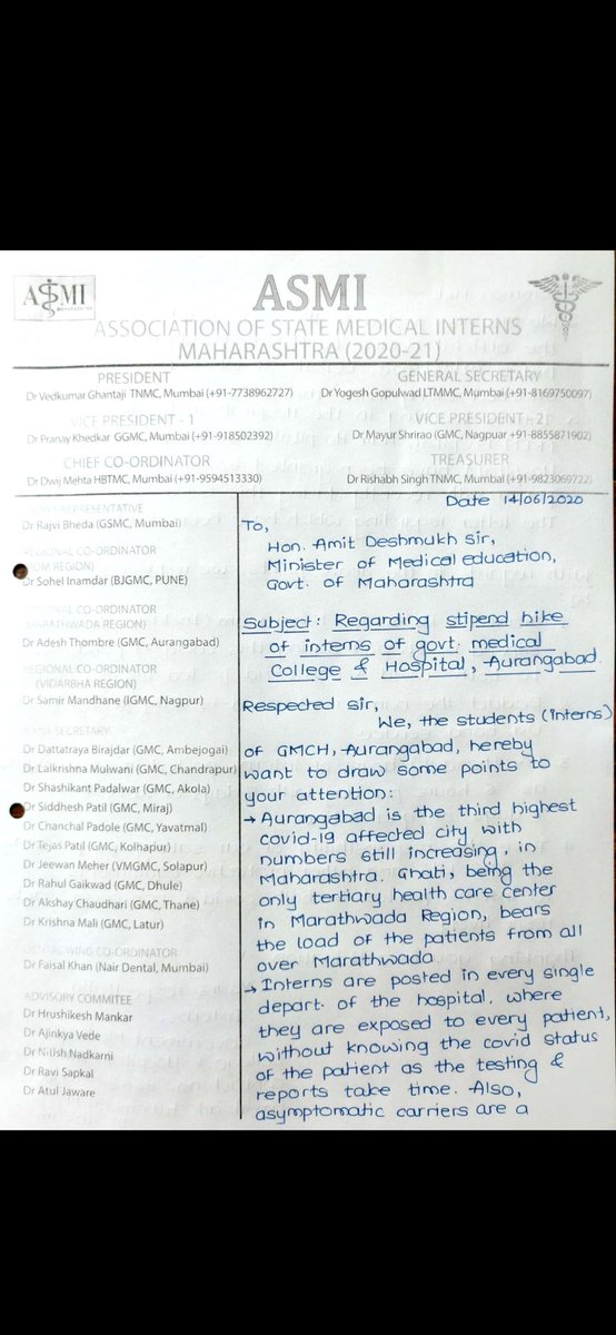 ThombreAdesh's tweet photo. Interns of Government Medical College &amp; Hospital Aurangabad request Hon. Amit Deshmukh sir (Minister of Medical Education)for stipend hike of interns working in Aurangabad during Covid 19 Pandemic #incentiveforinterns
@AmitV_Deshmukh @OfficeofUT @tatyaraolahane @AjitPawarSpeaks https://t.co/yhlU0CYJ6S