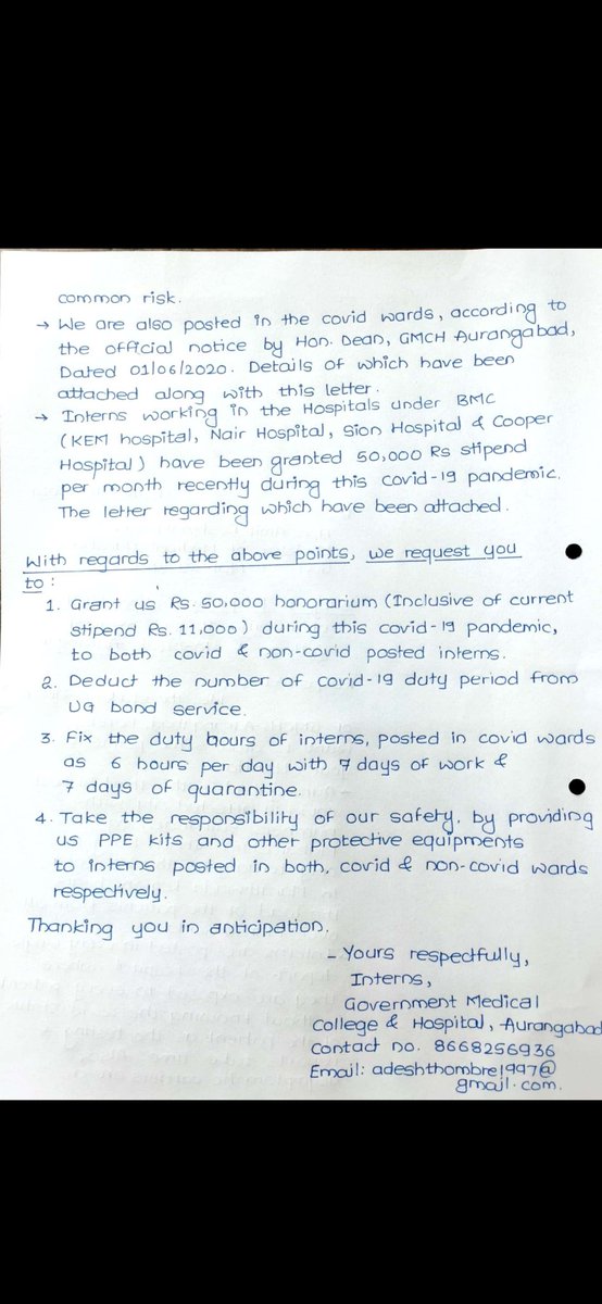 ThombreAdesh's tweet photo. Interns of Government Medical College &amp; Hospital Aurangabad request Hon. Amit Deshmukh sir (Minister of Medical Education)for stipend hike of interns working in Aurangabad during Covid 19 Pandemic #incentiveforinterns
@AmitV_Deshmukh @OfficeofUT @tatyaraolahane @AjitPawarSpeaks https://t.co/yhlU0CYJ6S