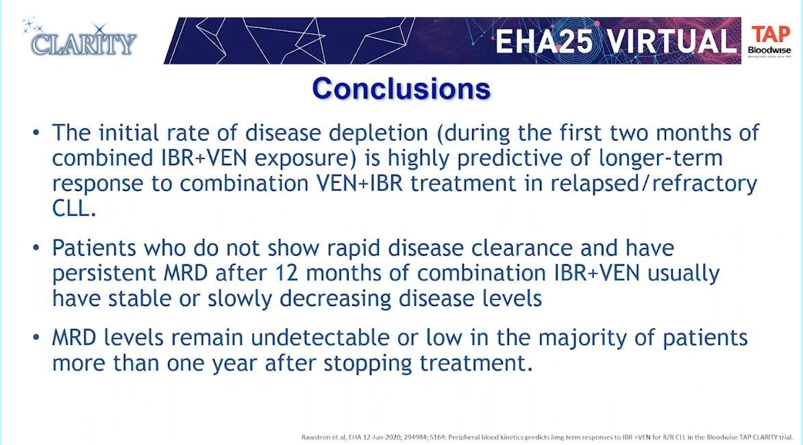 tobyeyre82's tweet photo. Rawstron et al
MRD data from UK @Tap_Clin_Trials CLARITY trial of #ibrutinib &amp; #venetoclax combination in R/R #CLL 

Early log >2 reduction in 1st 2 months #venetoclax predictive of MRD response over time &amp; ability to stop Rx due to depth of MRD -vity #CLL #lymsm #EHA25Virtual https://t.co/r1tdEsWDkj