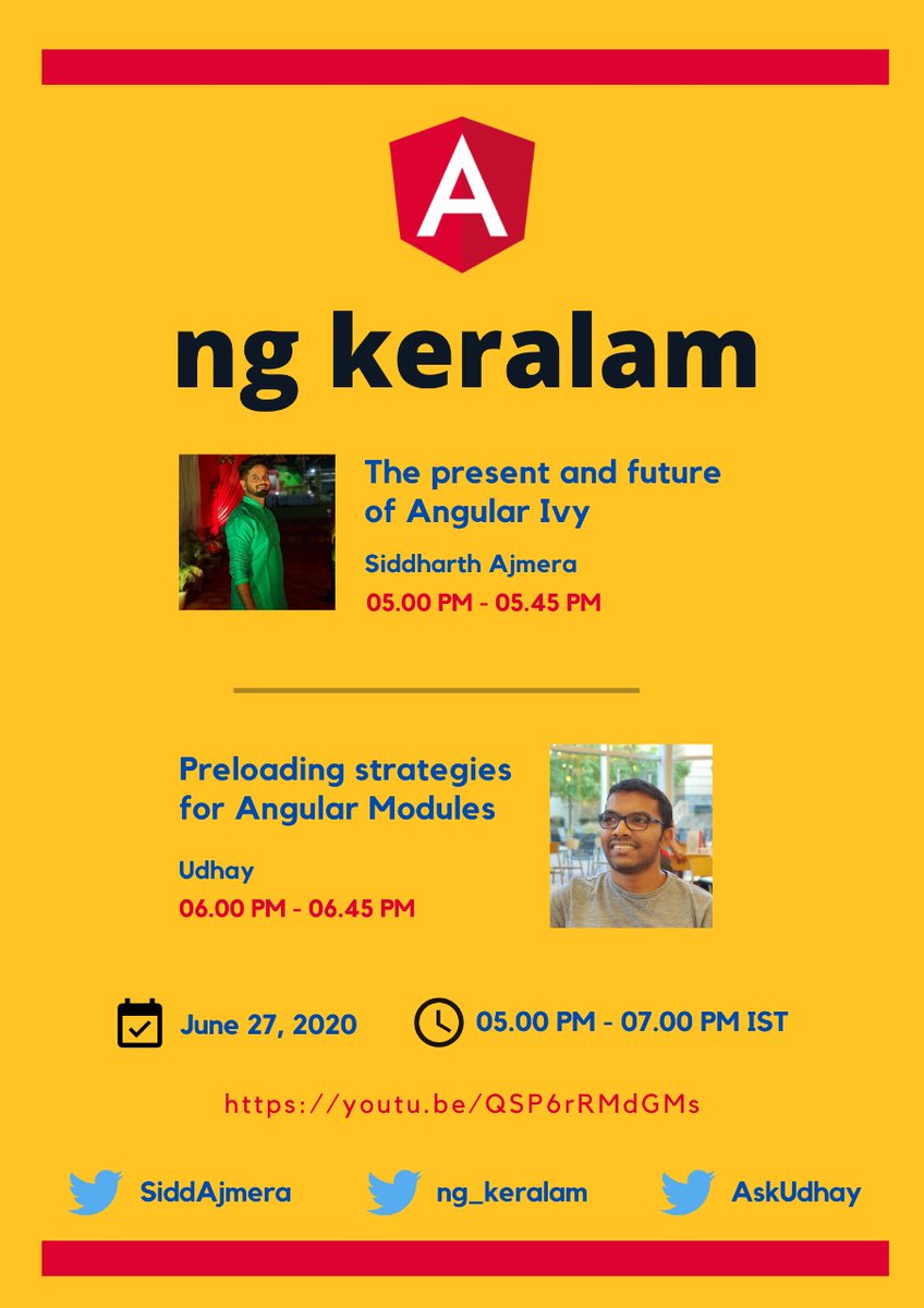 We are excited to announce our next meetup on June 27th, 2020. In this meetup we are going to explore about <a href="/angular/">Angular</a> Ivy by <a href="/SiddAjmera/">Siddharth Ajmera | SiddAjmera</a> and also how to preload modules by <a href="/AskUdhay/">Udhay</a>.

👉 Live Stream link => youtu.be/QSP6rRMdGMs

#angular #meetup #virtual #ngkeralam