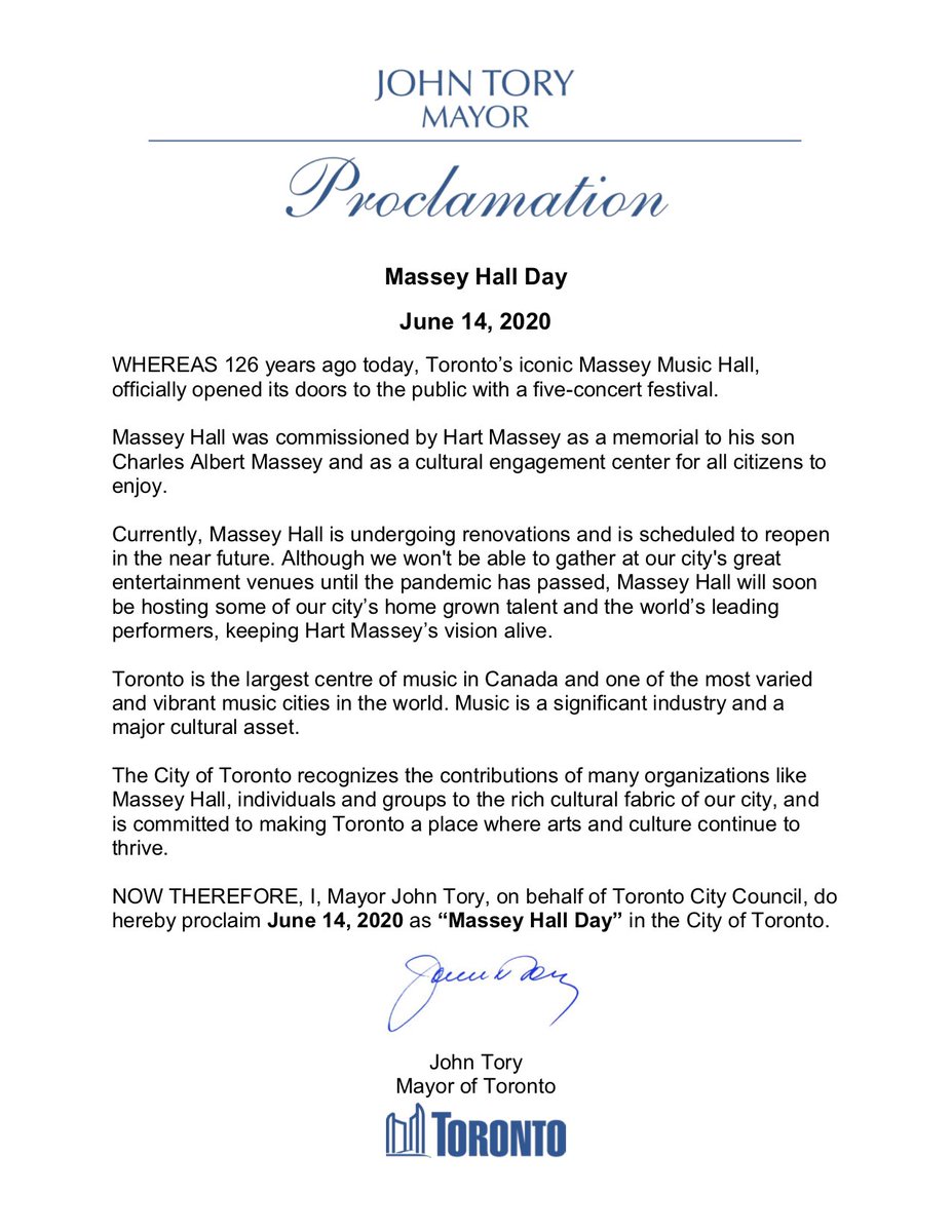 JohnTory's tweet photo. Today is #MasseyHallDay in our city as we celebrate this iconic Toronto entertainment venue. For the last 126 years, @MasseyHall has brought together our city through the arts. While Toronto stages remain dark, I look forward to filling them with life when it is safe to do so. https://t.co/JeFQ4FTNaf