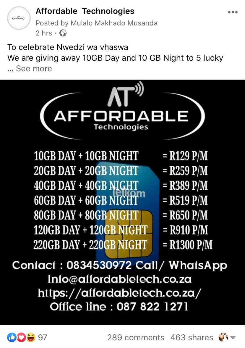 AffordableTech5's tweet photo. To celebrate Youth Month,we are giving away 10GB Day and 10 GB Night to 5 lucky winners
To win
1. like and follow this our facebook page
2. Comment on this status by tagging two friends
3. share and like this status
#AffordableTechnologies
#ShareIt
Winner to be announced 16 June https://t.co/RQtMbzurSr