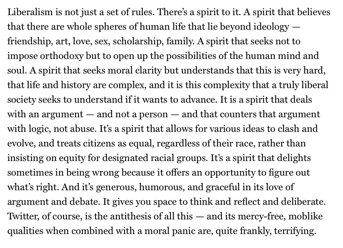 JonHaidt's tweet image. I have been away from Twitter for a while because of its intensifying nastiness. But I must share this essay by @sullydish, which lays out a vision of a liberal society, and explains how Twitter and current moral passions are pushing us away from it.

nymag.com/intelligencer/…