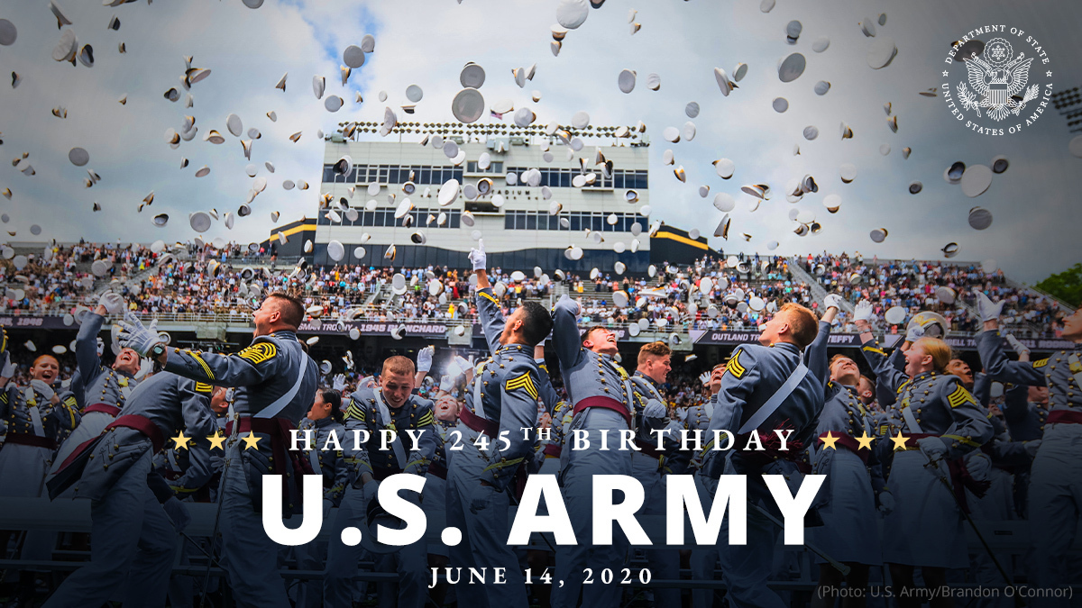 StateDept's tweet image. Today, the Department celebrates @USArmy's 245th birthday. We join the rest of our nation in saluting the generations of soldiers who have answered the call to serve, defend, and protect America since 1775. go.usa.gov/xwBGx