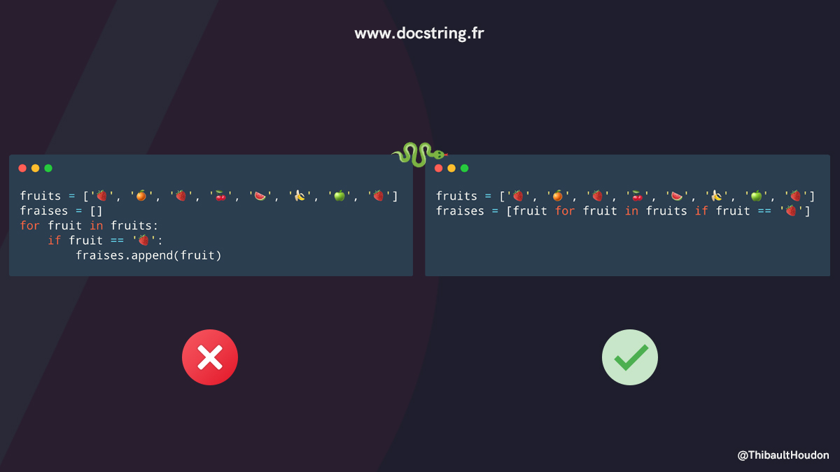 Supprimer Les Doublons D Une Liste Python Thibault Houdon 🐍 on Twitter: "Astuce #Python de saison ! 👉 Pour récupérer uniquement les fraises dans la liste, privilégiez les compréhensions de liste ! Et pour info, oui, on peut coder