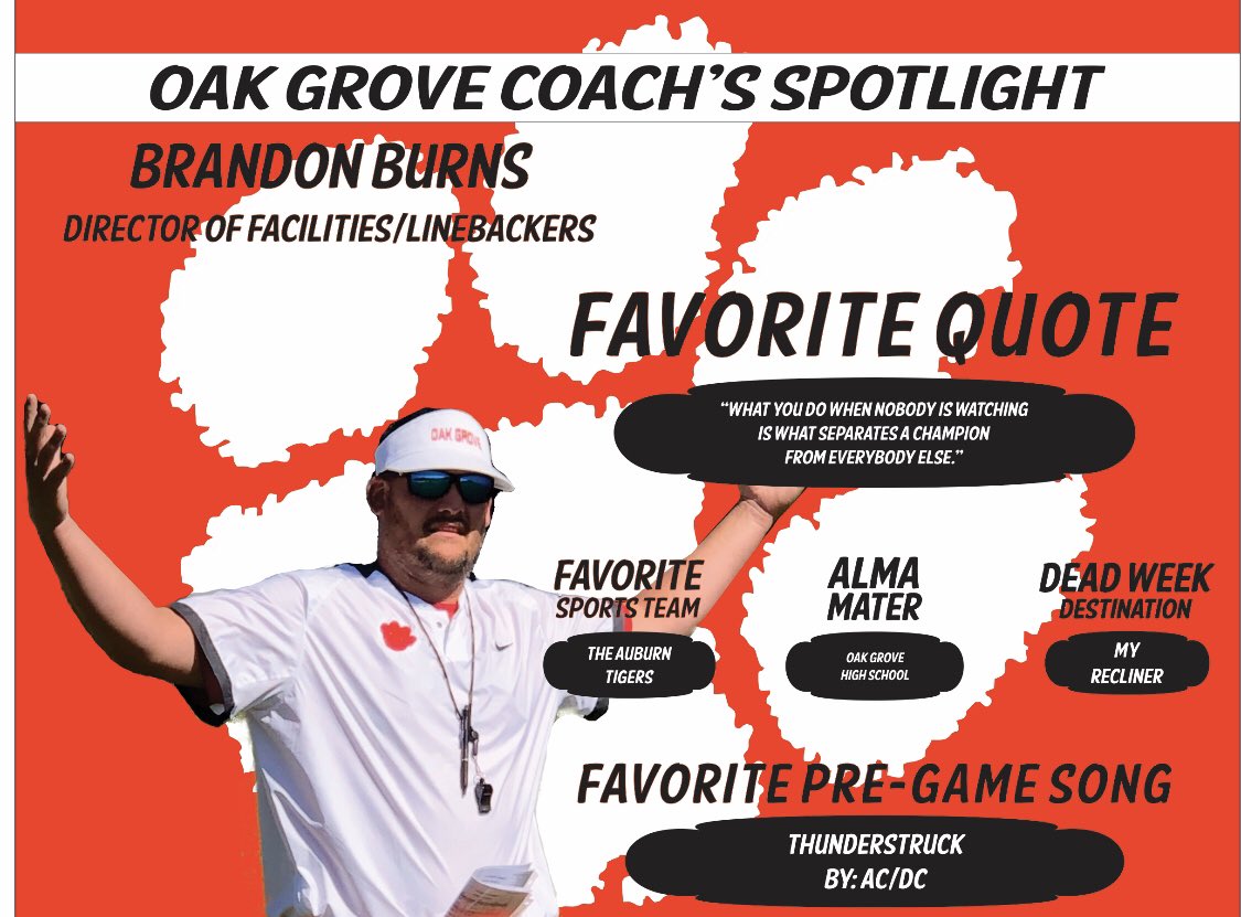 Meet our Director of Facilties / Linebackers Coach Brandon Burns  <a href="/pamelabdennis/">Pam Dennis</a> <a href="/OakGroveTigers/">Oak Grove HS</a> <a href="/zglaze50/">Zac Glaze</a> @RaytheAPatOG <a href="/jefcoedathletic/">JEFCOED Athletics</a>
