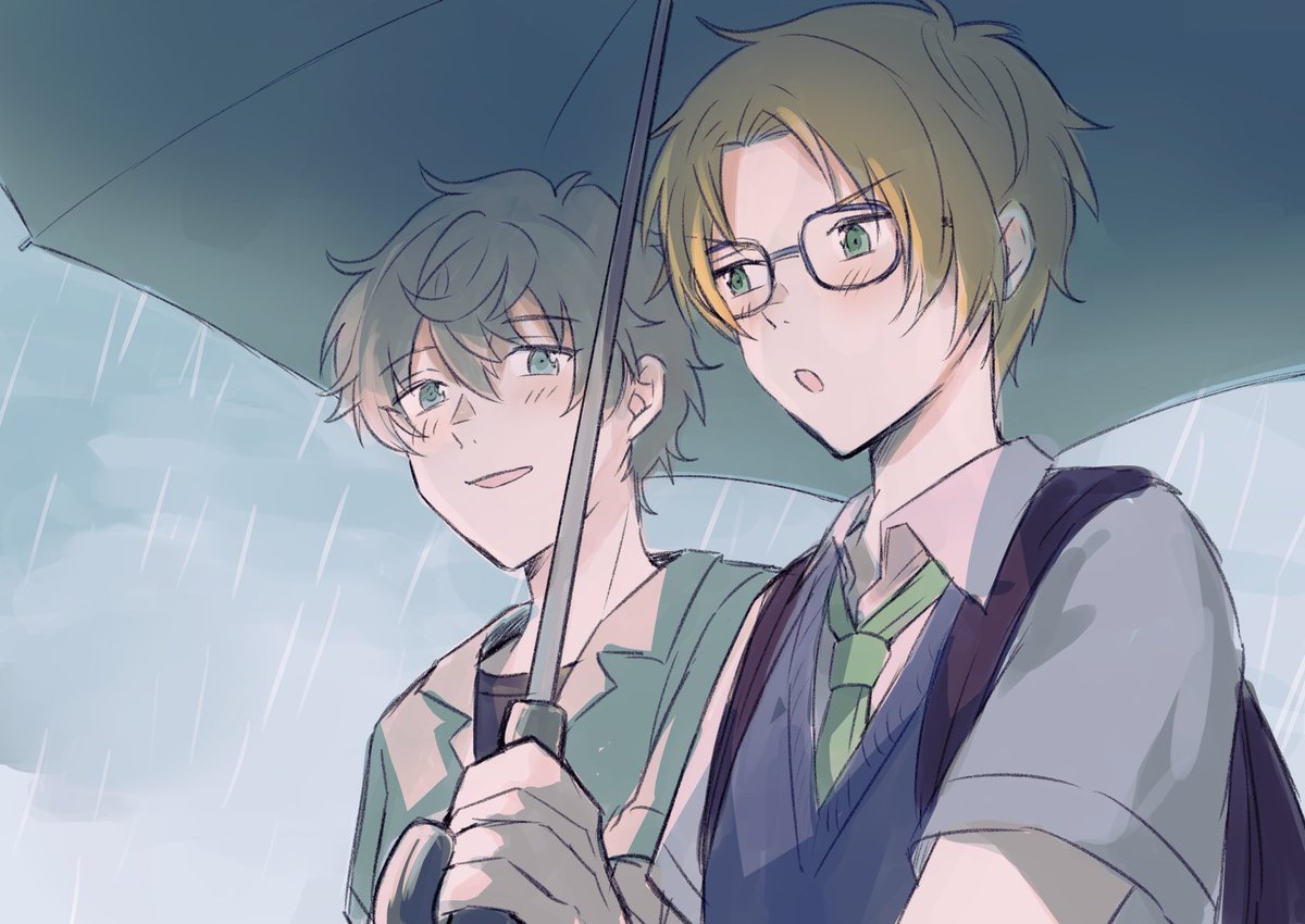 2boys multiple boys umbrella shared umbrella male focus rain glasses  illustration images
