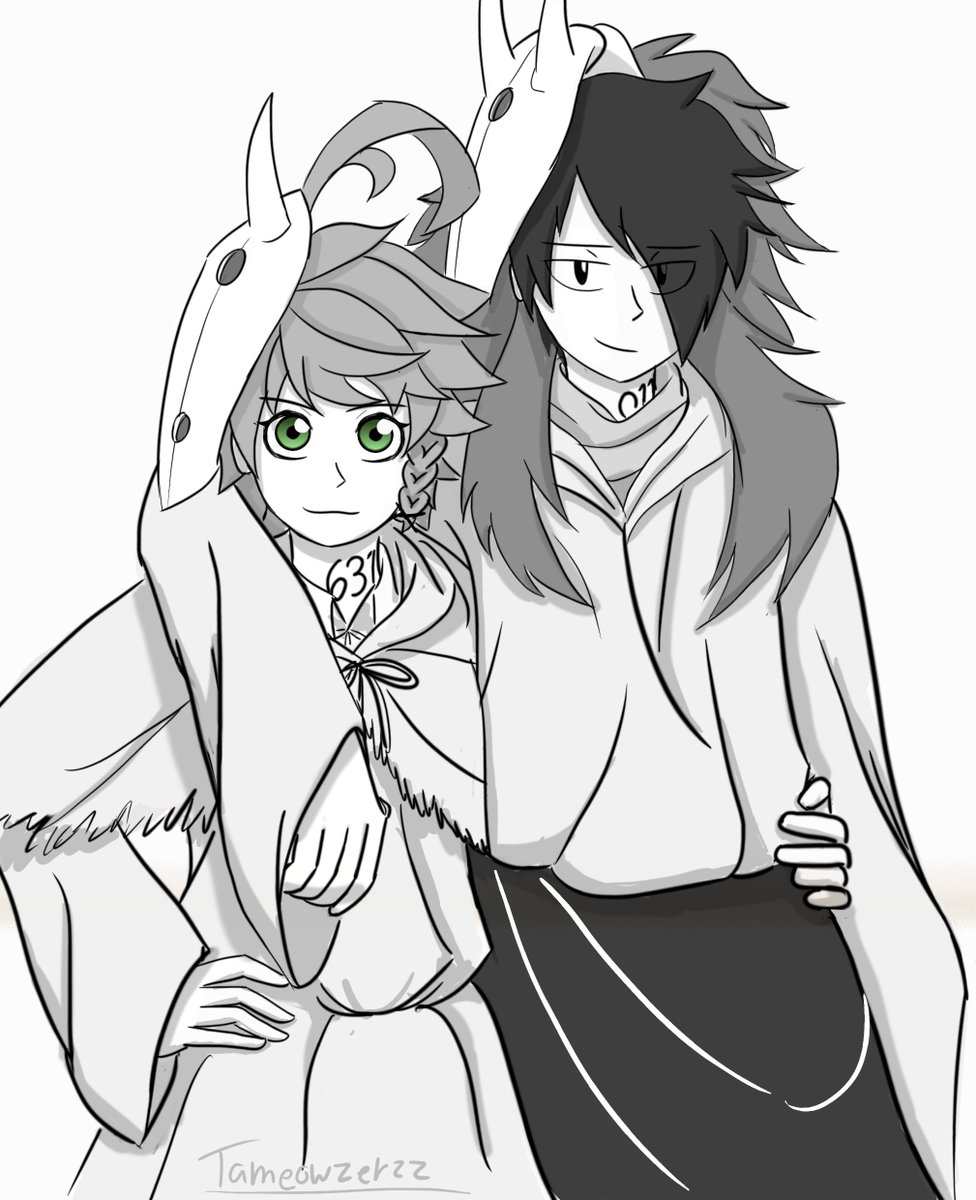 Tameowzerzz's tweet photo. Rayemma Week 2020: Day 8- Free day
So, for the free day, I chose to draw them in their demon disguises cuz I always wanted to. I'm also really happy with the buddy pose. I also tried for a manga style. #Rayemma #ThePromisedNeverland #rayemmafest #RayEmmaWeek2020 #rayemmaweek https://t.co/UC2UzyKhRF