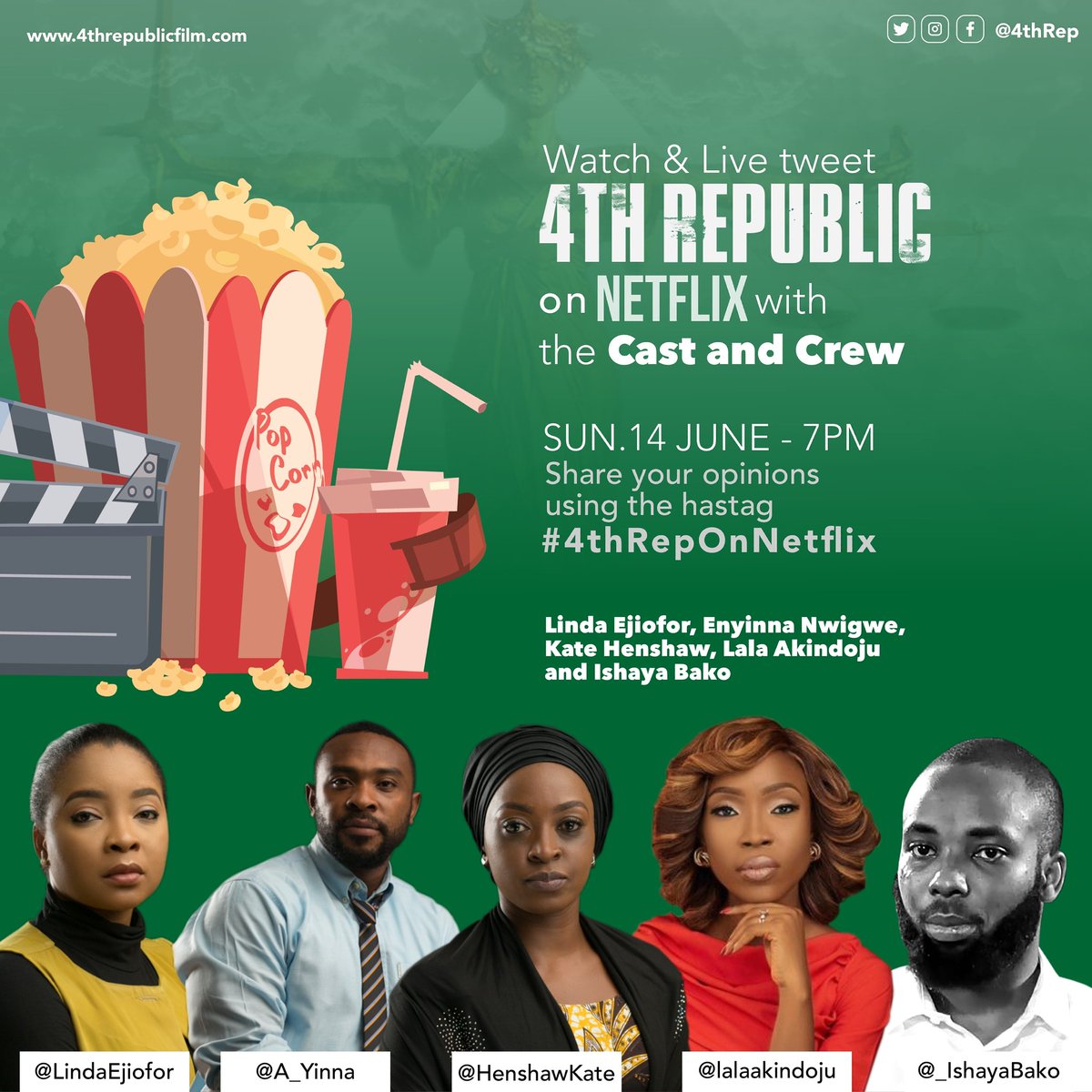 iSERVE2050's tweet photo. This is happening today!π
#Nollywood #NetflixNaija
We are watching 4th Republic with our faves:
@HenshawKate
@LindaEjiofor
@A_Yinna
@_ishayabako
@lalaakindoju
To join the conversation, live-tweet using the hashtag #4thRepOnNetflix
Time: 7 PM TODAY!
#4threp
#4threpublic https://t.co/CYxTxd9OWe