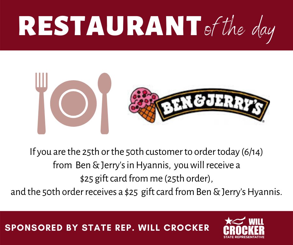 WillCrockerJr's tweet image. Today I challenge you to eat ice cream at locally owned @BenJerryCC - the Restaurant of the Day! If you are the 25th or the 50th customer to order today, you will get a $25 gift card for your next order! Ben &amp;amp; Jerry's is open from noon to 9:30PM today! #eatlocal #shoplocalcapecod