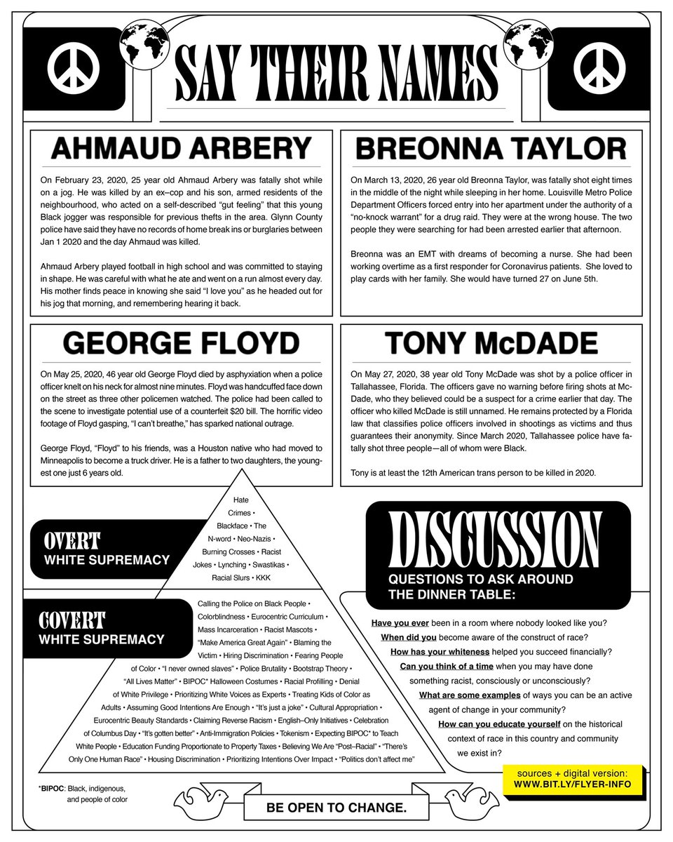 maggierogers's tweet image. created this printable one sheet flyer w/ @annaisabellej + @snack_thoughts to help get info to folks in our community who are older/may not be active on social media. it’s in no way perfect, but hoping it can help bring some local action + conversation. 

bit.ly/blm-flyer