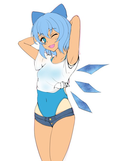 さっきの下描きからちょっと訂正ホットパンツTシャツ競泳水着日焼けチルノちゃん 