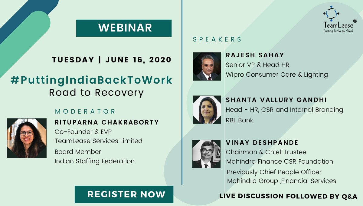 TeamLease's tweet photo. #LiveWebinar
Over 30 experts across various industries have joined us in our webinar series #PuttingIndiaBackToWork over the last 2 months. Join us for the next one with experts from #BFSI &amp; #Consumer.

📅 16th June 2020
⏲️ 11:00 AM to 12:00 PM

Register: https://t.co/nMH5MhVtJN https://t.co/z0hS5W7Lsz
