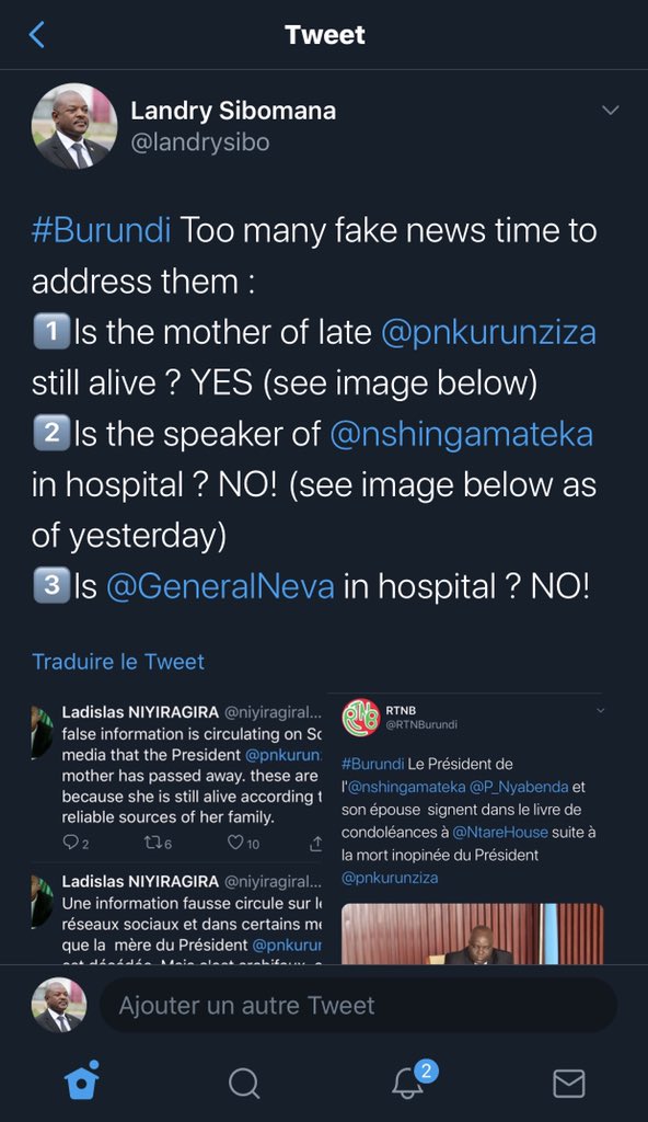 landrysibo's tweet photo. Few days ago @RobertAlai made a FAKE NEWS stating that the speaker of @nshingamateka and @GeneralNeva were both hospitalized. I reached out to let him know he was wrong. Thought I would have a « civilized »conversation in his DM. See his reply in next tweet 1/n @KenyaEmbBurundi https://t.co/15tCncJuik