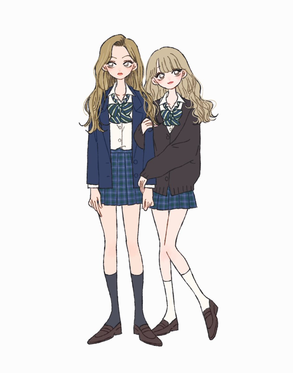 multiple girls 2girls skirt socks school uniform bow plaid  illustration images