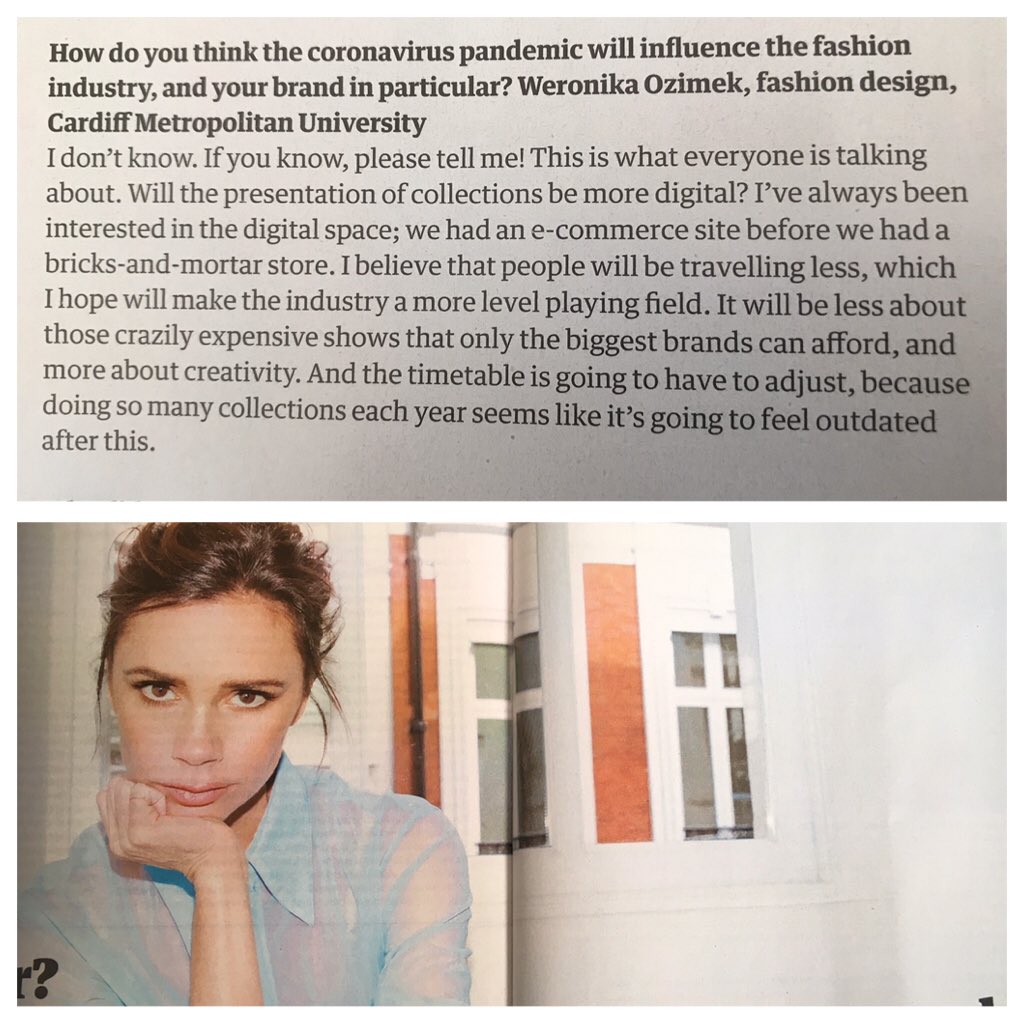 Great to see a <a href="/cardiffmet/">Cardiff Metropolitan University</a> fashion design student in the <a href="/victoriabeckham/">Victoria Beckham</a> Q&amp;A in the <a href="/guardianweekend/">Guardian Weekend</a> - Could digital shows lead to a more level playing field in the industry post-Covid? <a href="/cardiffmetcsad/">Cardiff School of Art & Design</a>
#ffasiwn #creativity