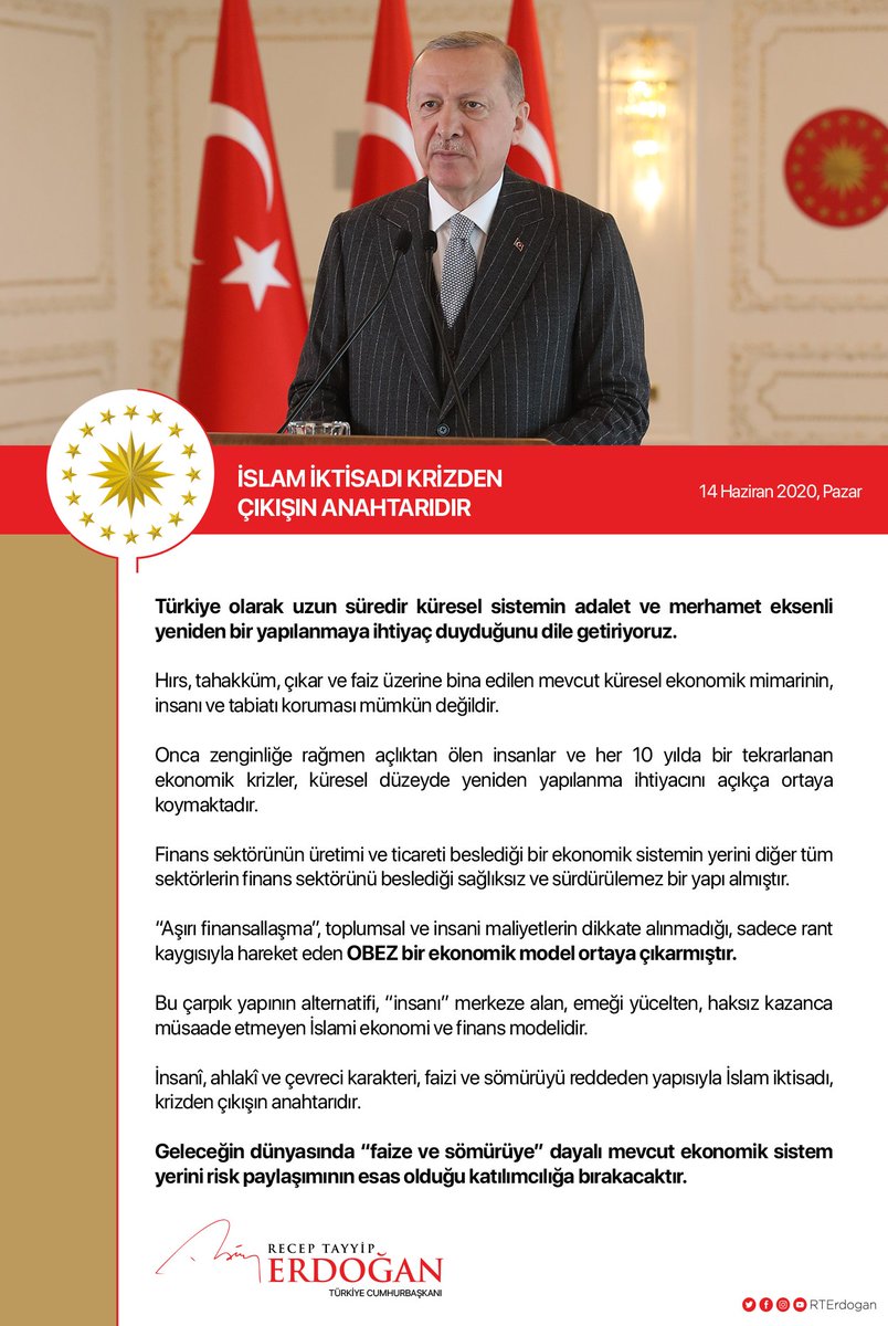 İnsanî, ahlakî ve çevreci karakteri, faizi ve sömürüyü reddeden yapısıyla İslam iktisadı, krizden çıkışın anahtarıdır.

Geleceğin dünyasında “faize ve sömürüye” dayalı mevcut ekonomik sistem yerini risk paylaşımının esas olduğu katılımcılığa bırakacaktır.