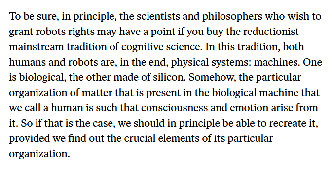 2. The authors then associate robot rights with "the reductionist mainstream tradition of cognitive science" based on the "computer metaphor," in which values, affection, and interpersonal human connection is "reduced to a kind of formalism".