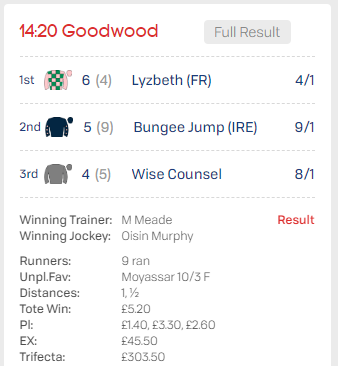 SpeedRatingscom's tweet photo. Another tasty 44/1 reverse exacta on 
@ToteRacing landed for @SpeedRatingscom
 with #Lyzbeth 4/1 beating #BungeeJump 9/1 at @Goodwood_Races https://t.co/1AbdPy6v8d