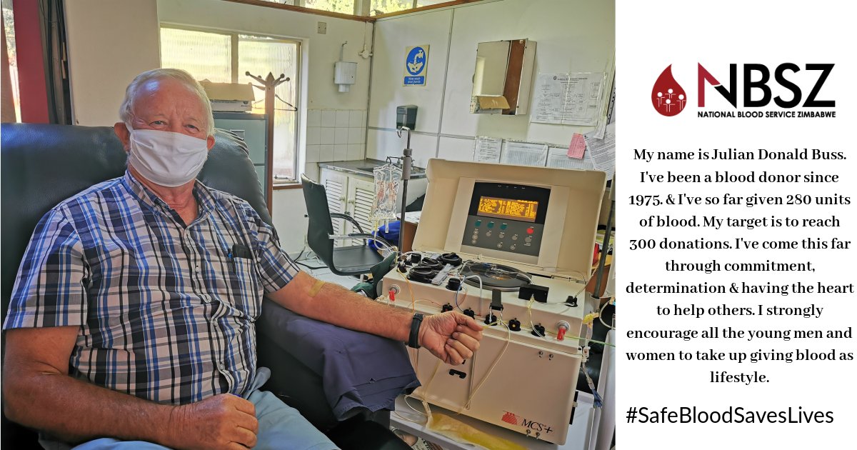 NBSZbloodbank's tweet photo. As we commemorate #WorldBloodDonorDay Let's give a round of applause to Julian Donald Buss who has 280 donations to his name. He is the all time record holder with highest number of blood donations in Zimbabwe &amp; still counting. His target is 300 donations. #SafeBloodSavesLives https://t.co/OABxPtLQ8H