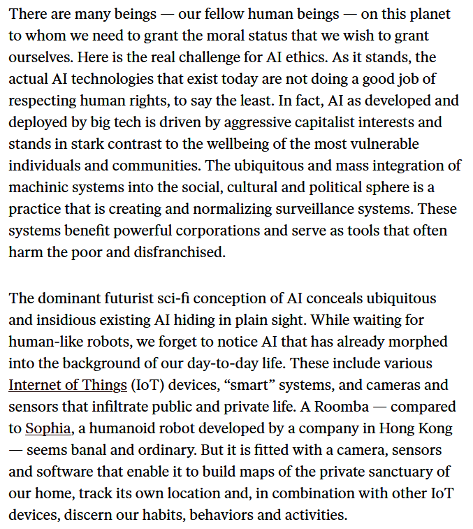 5. The authors then turn to a discussion of  #AIEthics as an alternative to science fiction scenarios. They discuss how AI algorithms are used to oppress and marginalize people. They say human rights is the real challenge of AI Ethics.