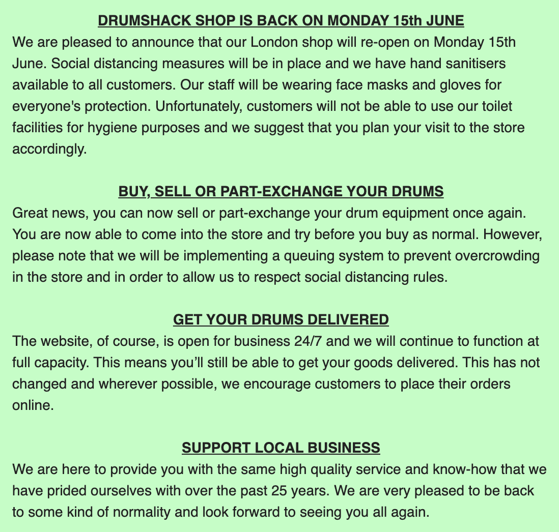 drumshack's tweet photo. To all of our friends and customers of Drumshack - We are pleased to announce that the London shop will be open from tomorrow. Attached is a short statement from Mark. We look forward to serving you soon! https://t.co/VSxJvmRSW3