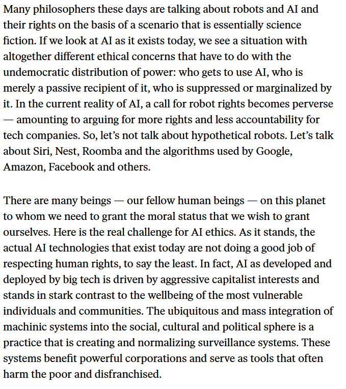 5. The authors then turn to a discussion of  #AIEthics as an alternative to science fiction scenarios. They discuss how AI algorithms are used to oppress and marginalize people. They say human rights is the real challenge of AI Ethics.