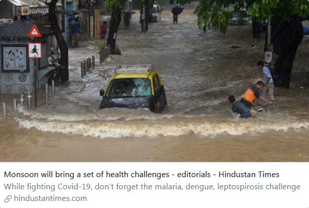  #India: Cascading, compounding crises."the monsoon will also bring with it health challenges such as malaria, dengue and leptospirosis. This year, containing these illnesses will be more difficult due to the coronavirus pandemic" https://www.hindustantimes.com/editorials/monsoon-will-bring-a-set-of-health-challenges/story-2BoRweDxWrEdmXpFeB1QML.html