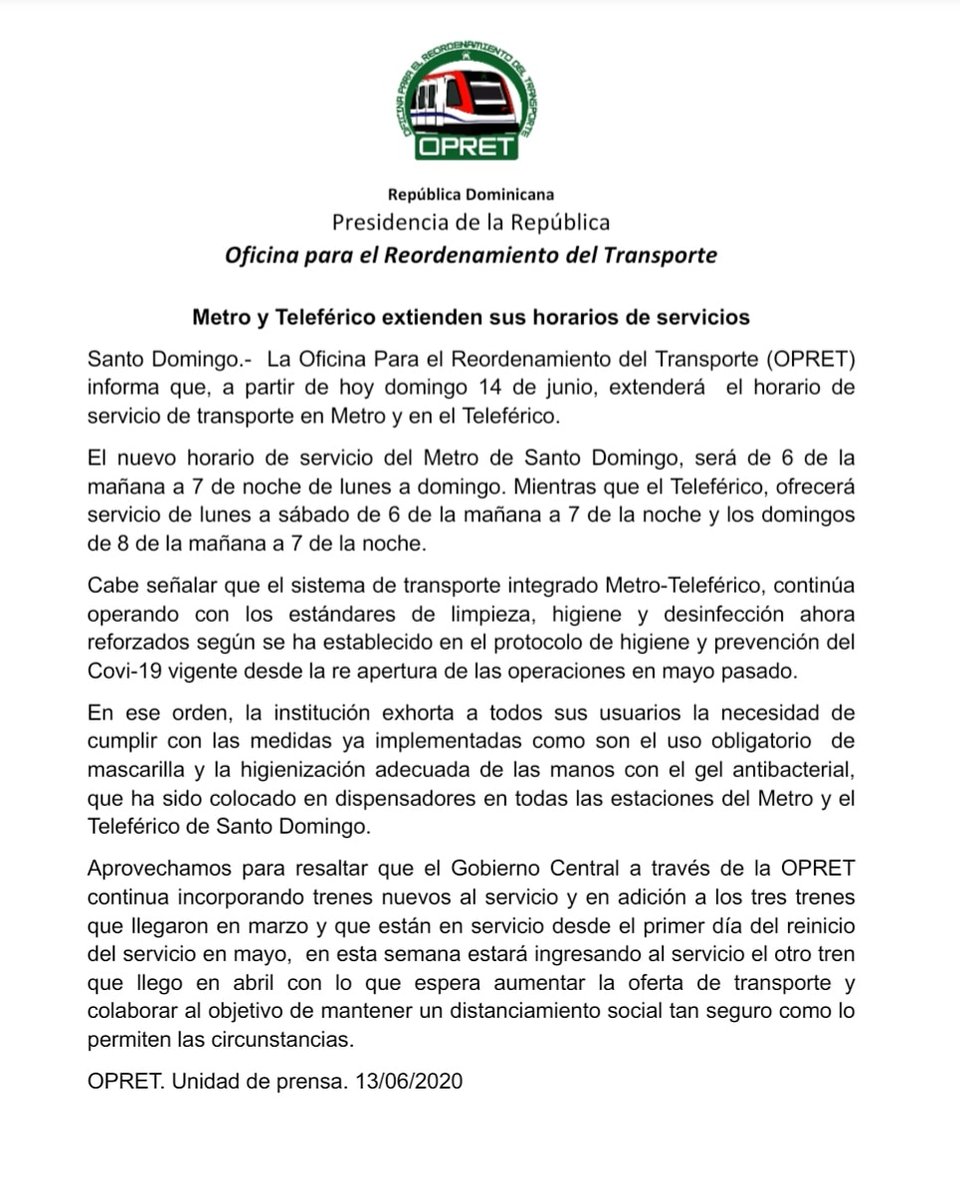 [ #NotaDePrensa 📢 ] <a href="/MetroSD_RD/">Metro de Santo Domingo</a> y #TeleféricoSD extienden sus horarios de servicios.