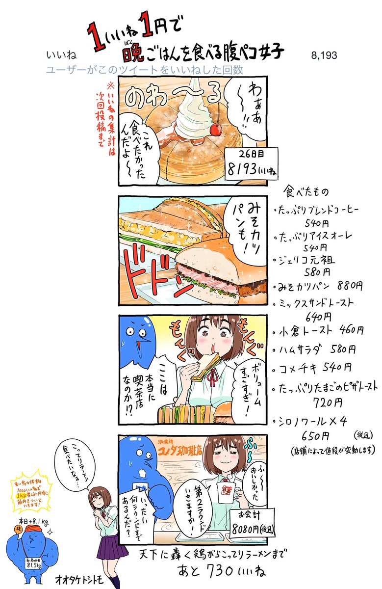 「1いいね1円で晩ごはんを食べる腹ペコ女子」
26日目              
 #1いいね1円腹ペコ女子 #もぐささん 