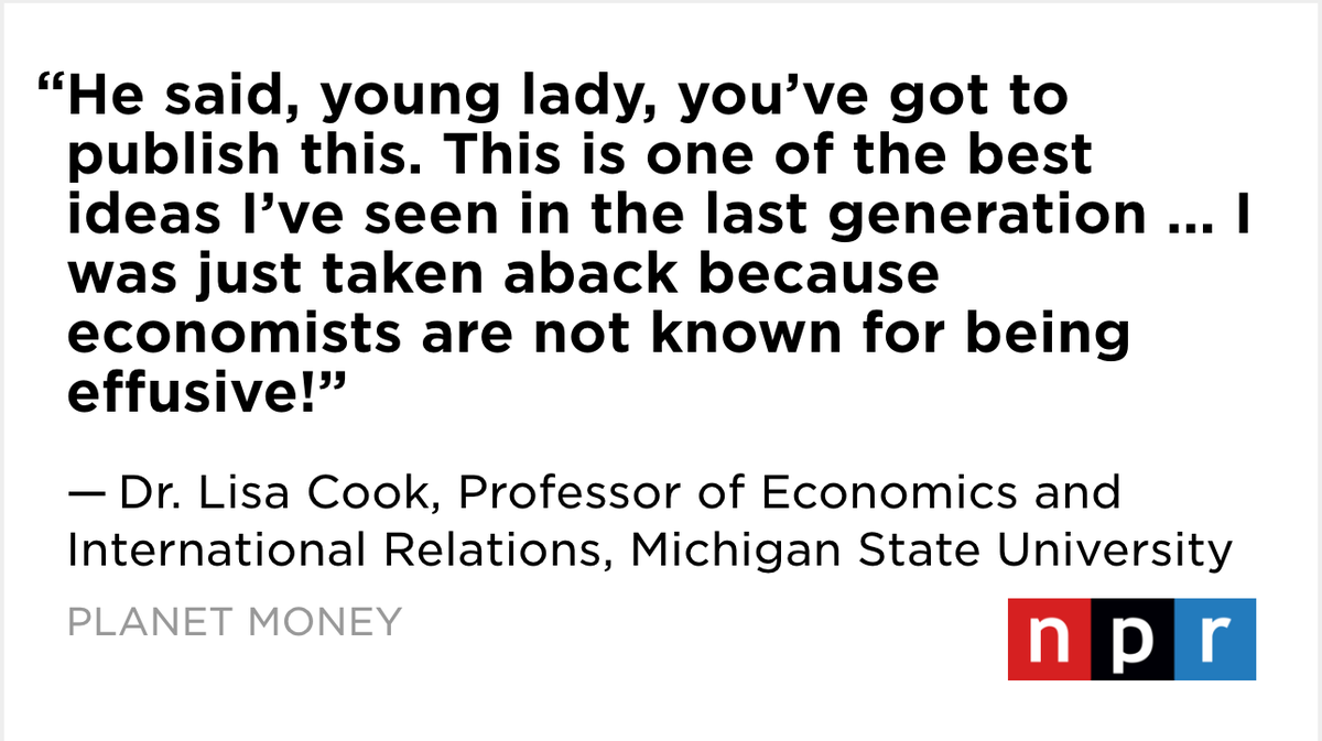 planetmoney's tweet photo. Economists have puzzled forever over why some countries grow and others don’t. Lisa Cook found evidence of a missing variable — racial violence — and showed it to Harvard economist Martin Feldstein. 

https://t.co/AgecOztjfB https://t.co/GkWJOy2VTg