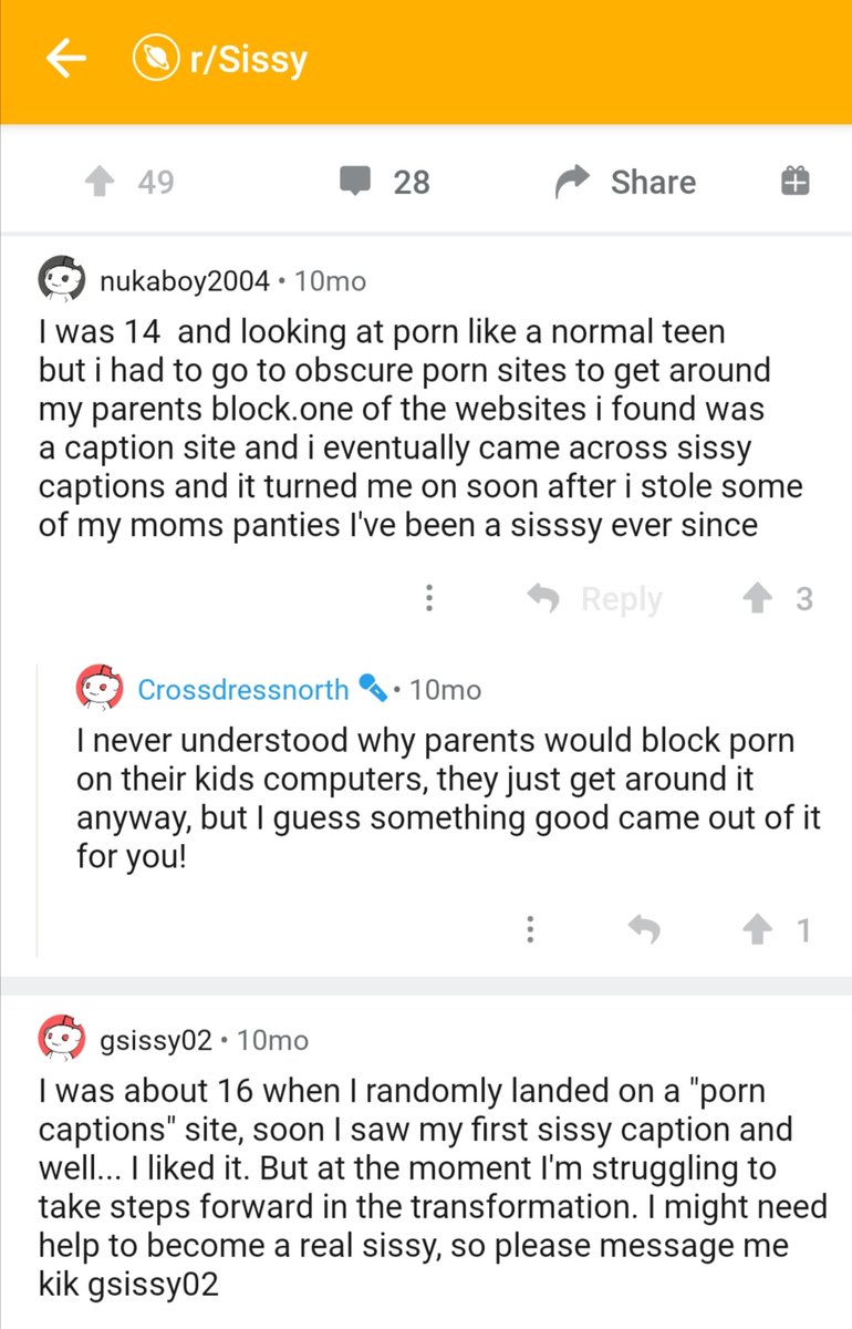 NSFWMen talking among themselves about their addictions to sissy hypno porn, a genre that equates womanhood with submissiveness and claims to turn men into women through domination.These men are encouraging children to use porn and steal their mother's underwear