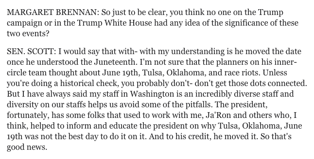 kaitlancollins's tweet image. Sen. Tim Scott tells CBS that President Trump made a good decision to move his rally. "My understanding is he moved the date once he understood Juneteenth." Scott says whoever planned it likely didn't make the connection &amp;amp; having a diverse staff helps avoid things like that.