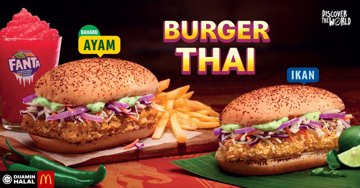 McDMalaysia's tweet photo. Sawadee. Citarasa Thai kini kembali! Pasti ramai rindukan kerangupan dan kelazatan Burger Thai Ikan dan Burger Thai Ayam BAHARU ni dengan sos kari hijau Thai. Tak payah jauh-jauh. Dekat McD je tau. Pesan saja melalui McDelivery, Pandu-Lalu atau bawa pulang. #mcd #mekdi https://t.co/s9hK1qzYe8