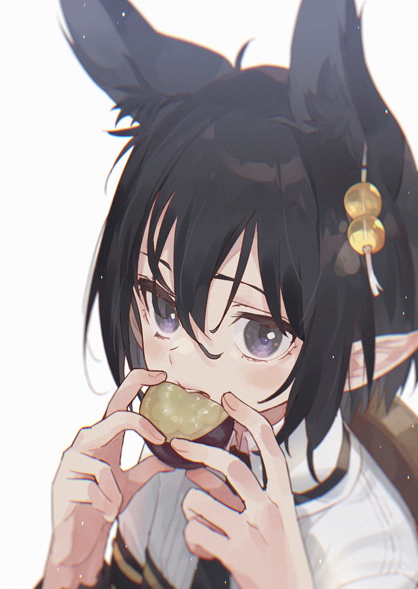 pointy ears black hair male focus animal ears eating 1boy solo  illustration images
