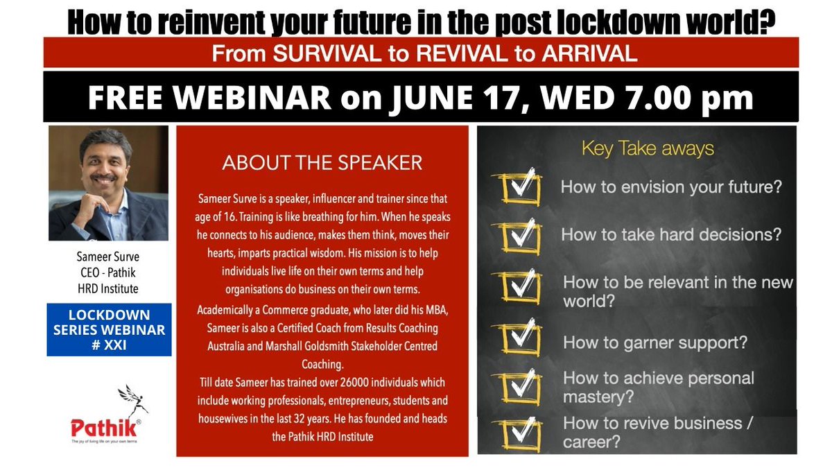 HrdPathik's tweet photo. Attend a webinar on 'How to reinvent your future post lockdown?' by Mr. Sameer Surve, CEO @HrdPathik. The webinar will address the challenges in the post lockdown world and give a perspective on how to overcome them.
https://t.co/8tZwRKxsUK
#Lockdown #Goalsetting #SelfImprovement https://t.co/gbMKNoPrqi