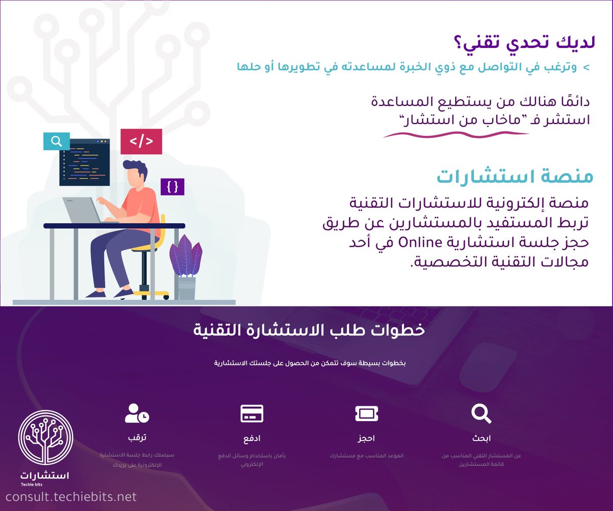 Techie_bits's tweet photo. "وما خاب من استشار"
يسعدنا الإعلان عن إطلاق منصة استشارات للاستشارات التقنية -أحد مشاريع مجموعة #Techie_bits التقنية-.
يمكنكم حجز استشارة تقنية الآن أو الانضمام إلينا كمستشار من خلال: https://t.co/HszAHCNMRE
#استشارات_techiebits https://t.co/tNNa11Kovy