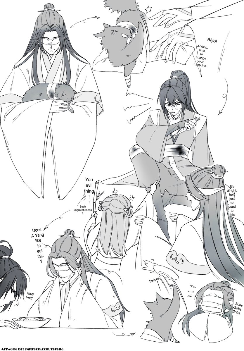 #XueXiao Xue Yang used a spell to make Daozhang thinks he's a cat (as long as he doesn't speak). However everyone else (eg. A-Qing) knows the truth. So A-Qing and DaoZhang was communicating terribly regarding the "cat"/human. Don't ask me the physics of his weight and all 