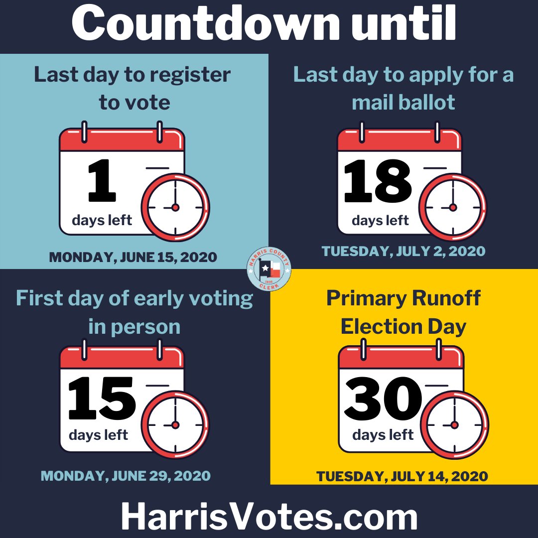HarrisVotes's tweet photo. π 15 Days until #EarlyVoting π³οΈfor the July 2020 #PrimaryRunOffs!β
Head to https://t.co/UnDVEDlunk for your personalized sample ballot, poll locations, and much more! #KnowYourDates #HarrisVotes https://t.co/kpq2TvUpL1
