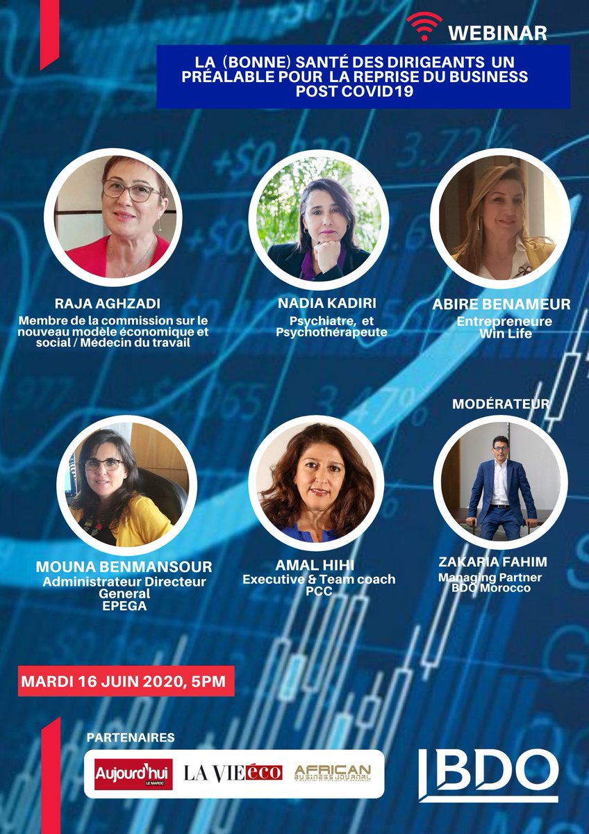 📣 La (BONNE) santé des #dirigeants, un préalable pour la reprise du #business post #Covid19 c'est le prochain #webinar de <a href="/BdoMorocco/">BDO Morocco</a> ce Mardi 16 Juin 2020

👉 bit.ly/BDOWEBCONF

#BDOMOROCCO
