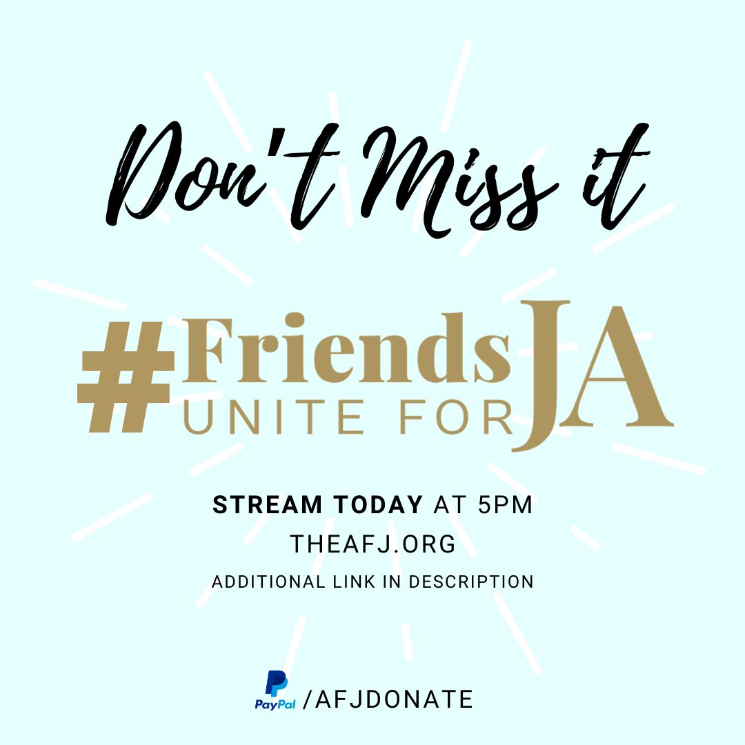 AFJcares's tweet photo. #FriendsUniteForJA Here are 2 links to watch the Virtual Benefit Concert today at 5pm ET. Enjoy and don't forget to donate.
https://t.co/eKNv6ryKiX
https://t.co/pnaTSQlkA6 https://t.co/4BbIE1PVDt