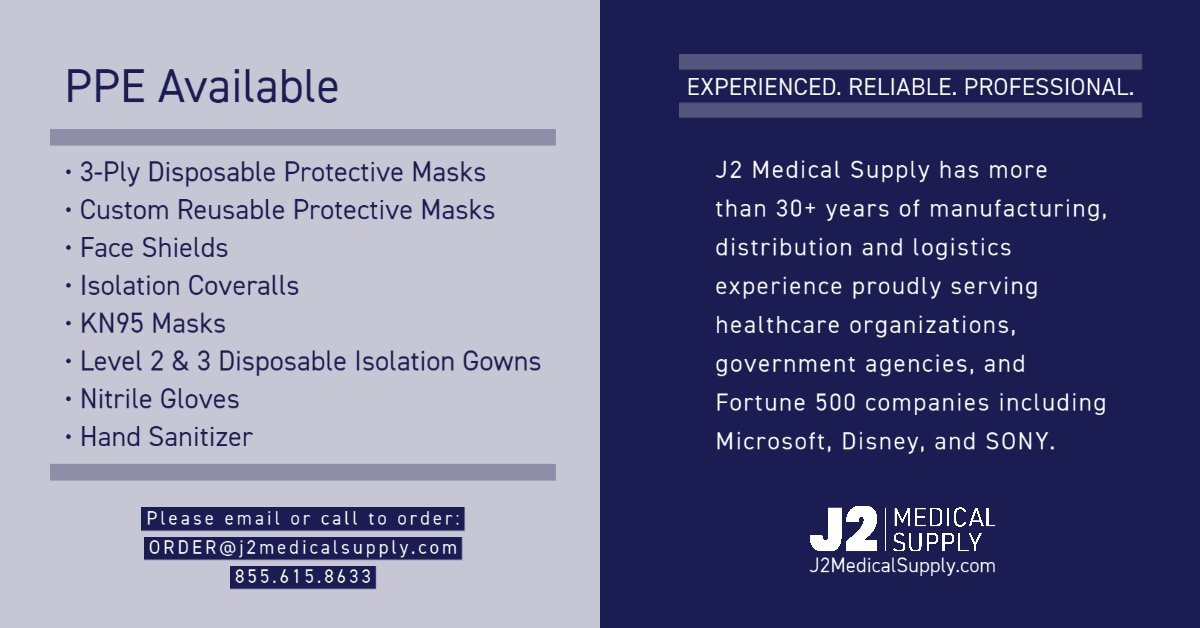 J2MedicalSupply's tweet photo. Let us help! #PPE Available!!
#PPEshortage #3PlyMasks #CustomMasks #FaceShields #IsolationCoveralls #KN95Masks #IsolationGowns #NitrileGloves #HandSanitizer #J2MedicalSupply https://t.co/TXyUDNZCbJ