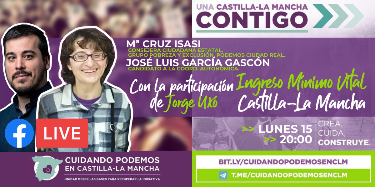 TransformarCLM's tweet image. 💬💜 Mañana,a  las 20:00 h. nuestro candidato a la Coord. Autonómica, @jlgarciagascon hablará sobre la realidad y la gestación del IMV con @MariCruzIsasi (Consejera Ciudadana Estatal) y @JorgeUxo (Consejero Ciudadano Estatal).

✊🏽 Programa, programa, programa.