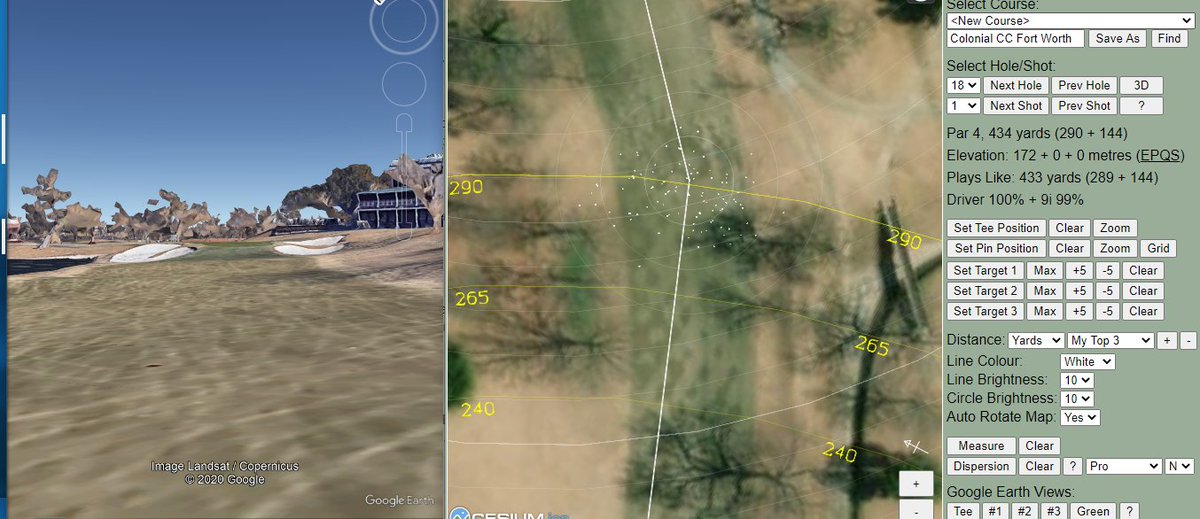 ProVisualizer's tweet image. Going up 18 at The Colonial @pgatour, ball dispersion pattern shown is PGA Tour average at 290 and the view integrated with Google Earth. Could be a fun finish today! #thecolonial #provisualizer #bringthecoursetolife