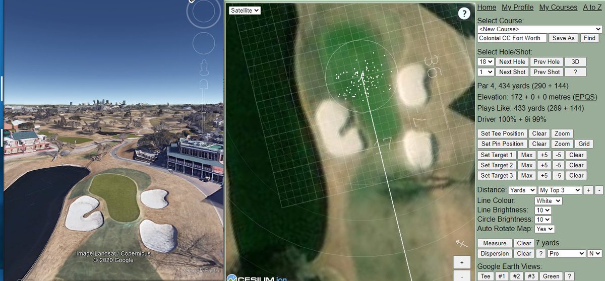ProVisualizer's tweet image. Going up 18 at The Colonial @pgatour, ball dispersion pattern shown is PGA Tour average at 290 and the view integrated with Google Earth. Could be a fun finish today! #thecolonial #provisualizer #bringthecoursetolife